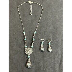 Vtg Avon Signed NR Filigree Silver Tone And Turquoise Necklace And Earrings J333